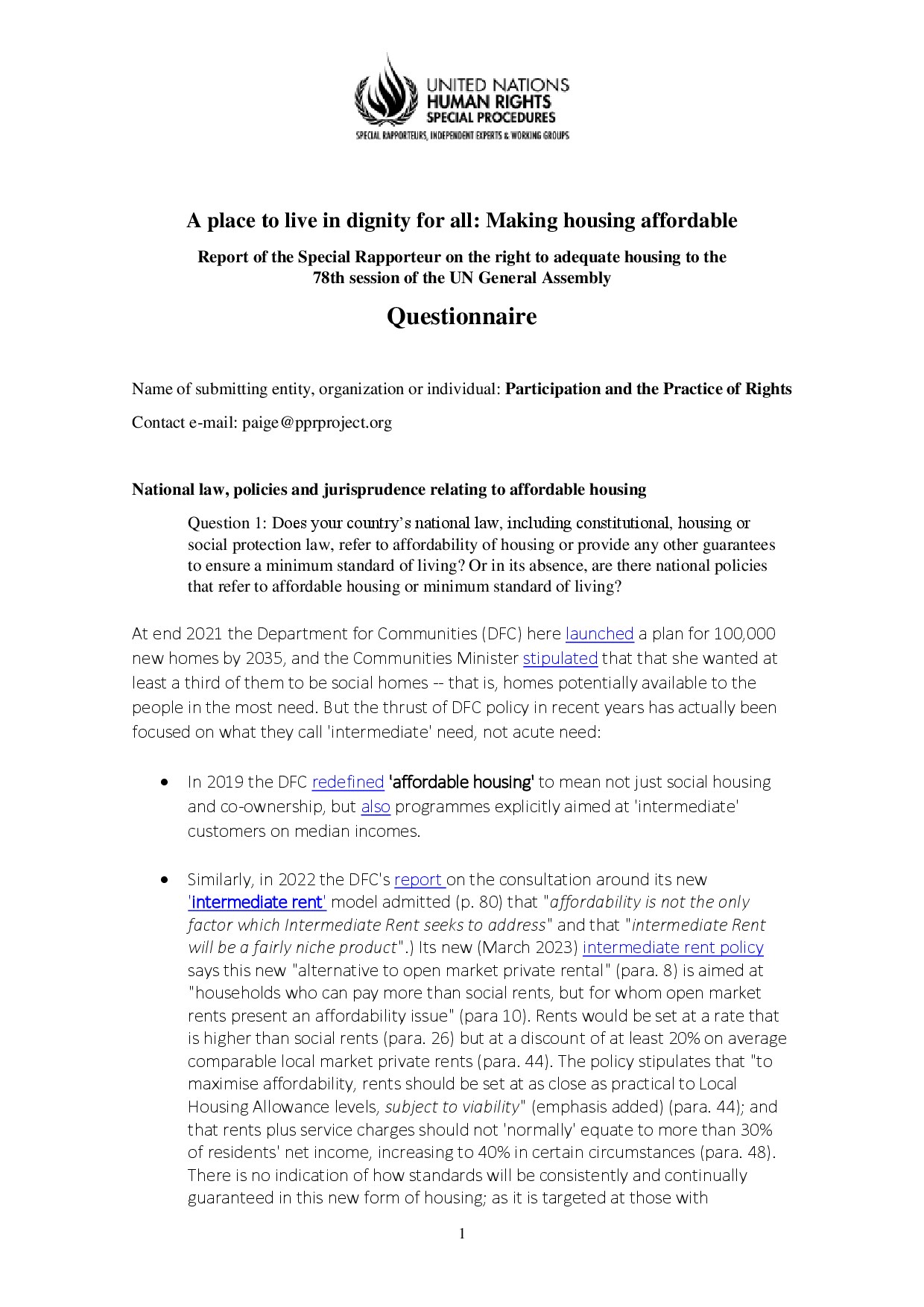 PPR Submission to "A place to live in dignity for all: Making housing affordable"
