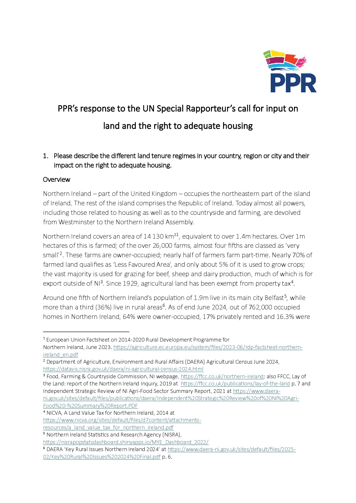 PPR’s response to the UN Special Rapporteur’s call for input on land and the right to adequate housing