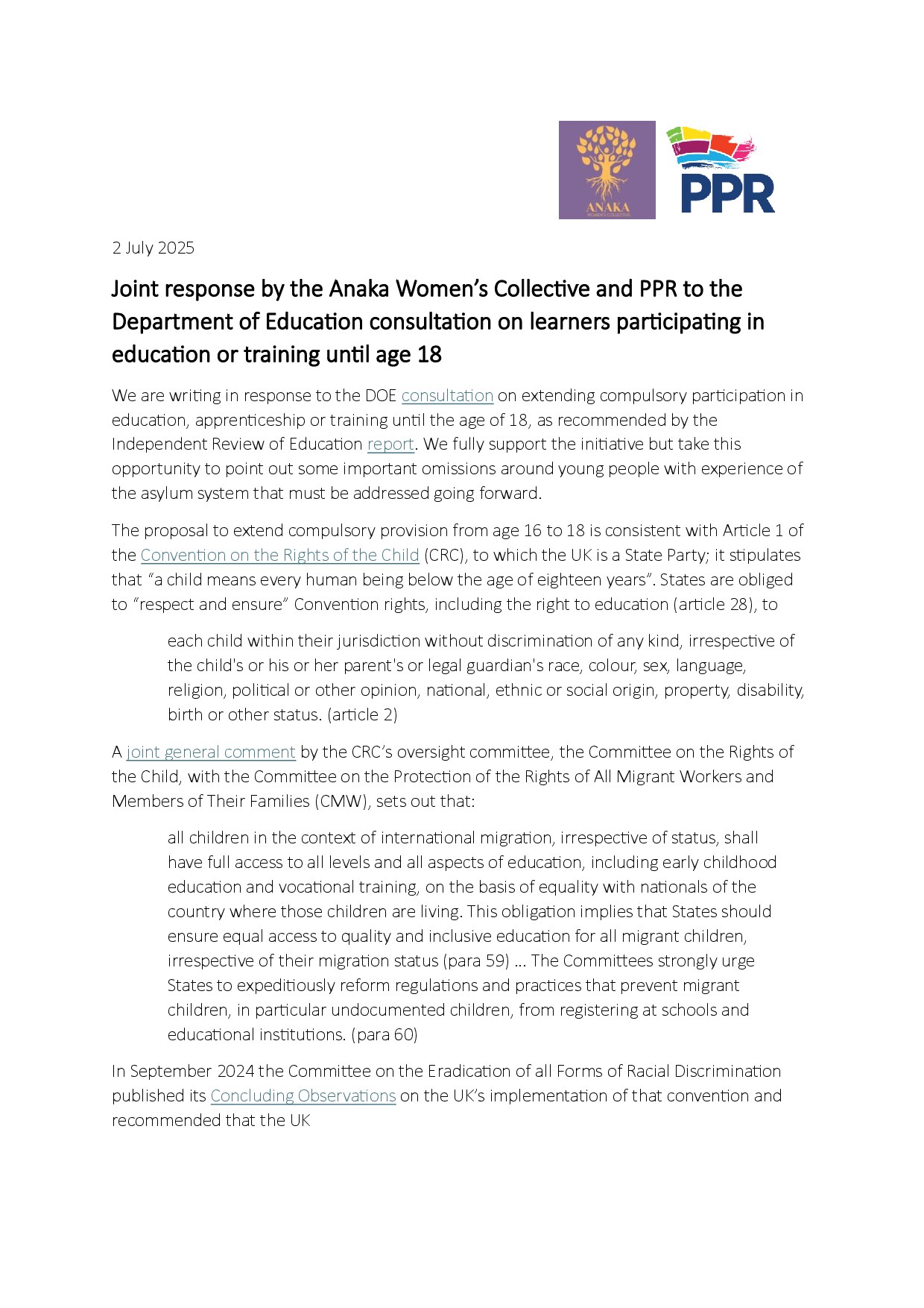 Consultation response on earners participating in education or training until age 18