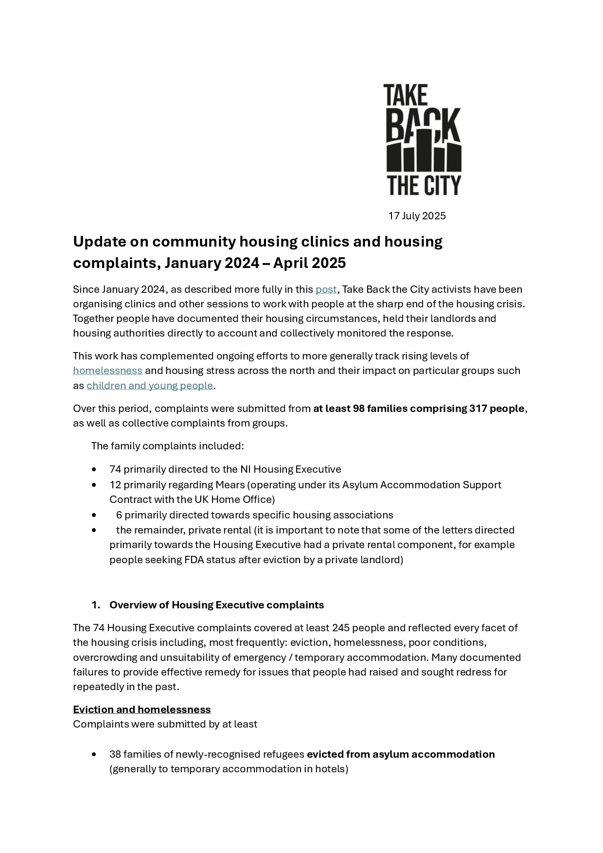 Update on community housing clinics and housing complaints, January 2024 – April 2025