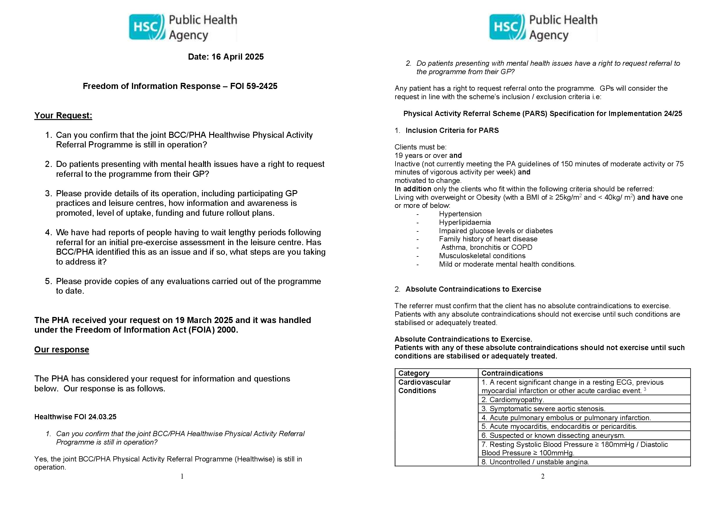 Freedom of information responses: BCC/PHA Healthwise Physical Activity Referral Programme