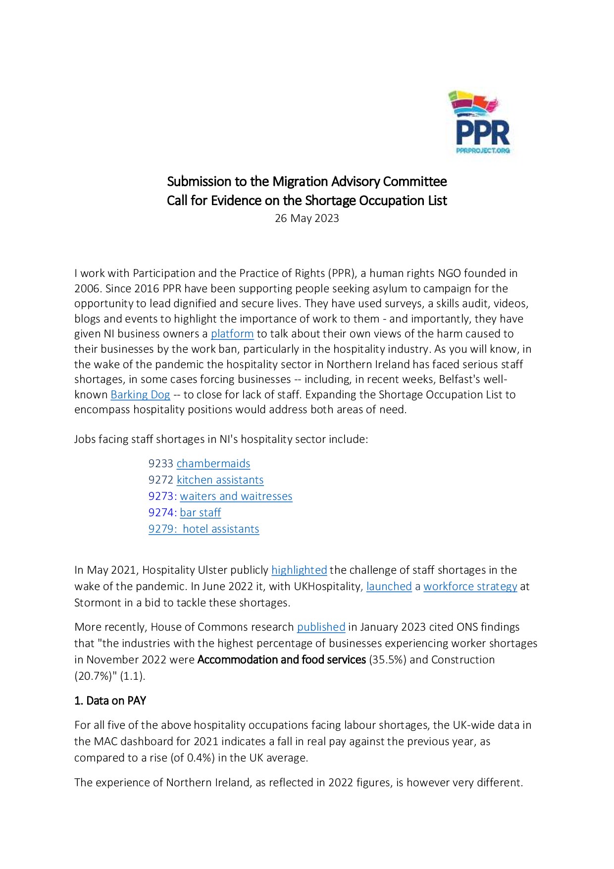 Response:  Migration Advisory Committee Call for Evidence on the Shortage Occupation List