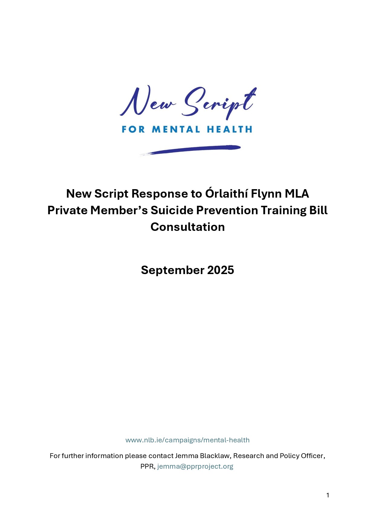 New Script Response to Órlaithí Flynn MLA Private Member’s Suicide Prevention Training Bill Consultation