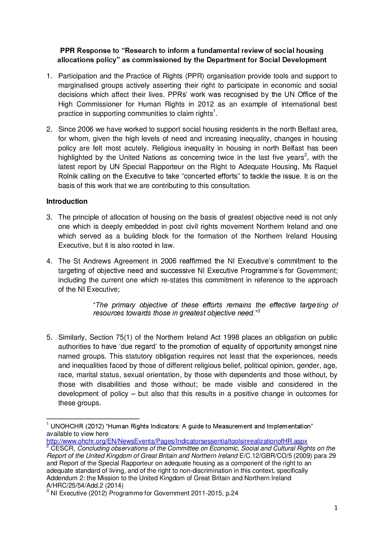 PPR Response to “Research to inform a fundamental review of social housing allocations policy” as commissioned by the Department for Social Development