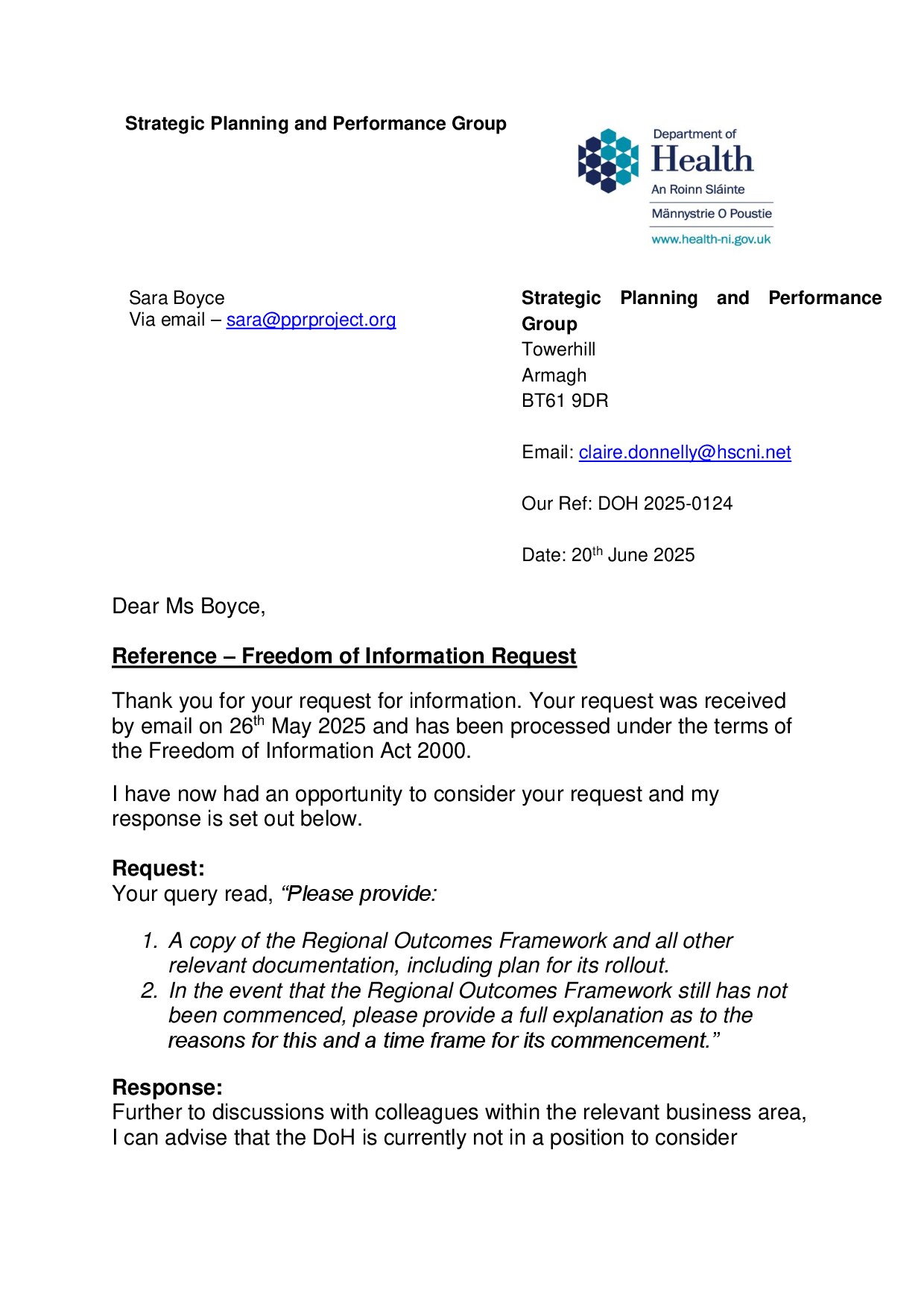 Regional Outcome Framework: Freedom of Information request