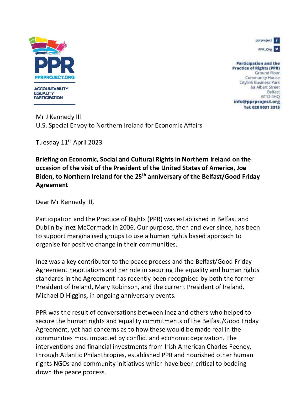PPR Briefing to Joe Kennedy III Special Envoy to Northern Ireland