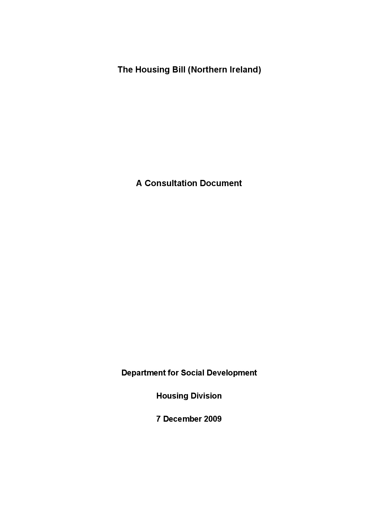 The Housing Bill (Northern Ireland): A Consultation Document