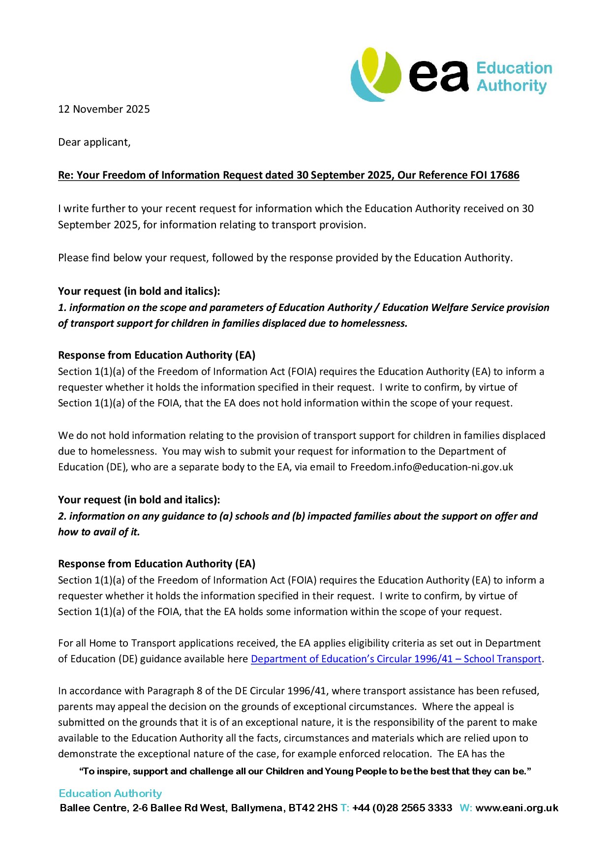 Freedom of Information response regarding transport support for children in families displaced due to homelessness