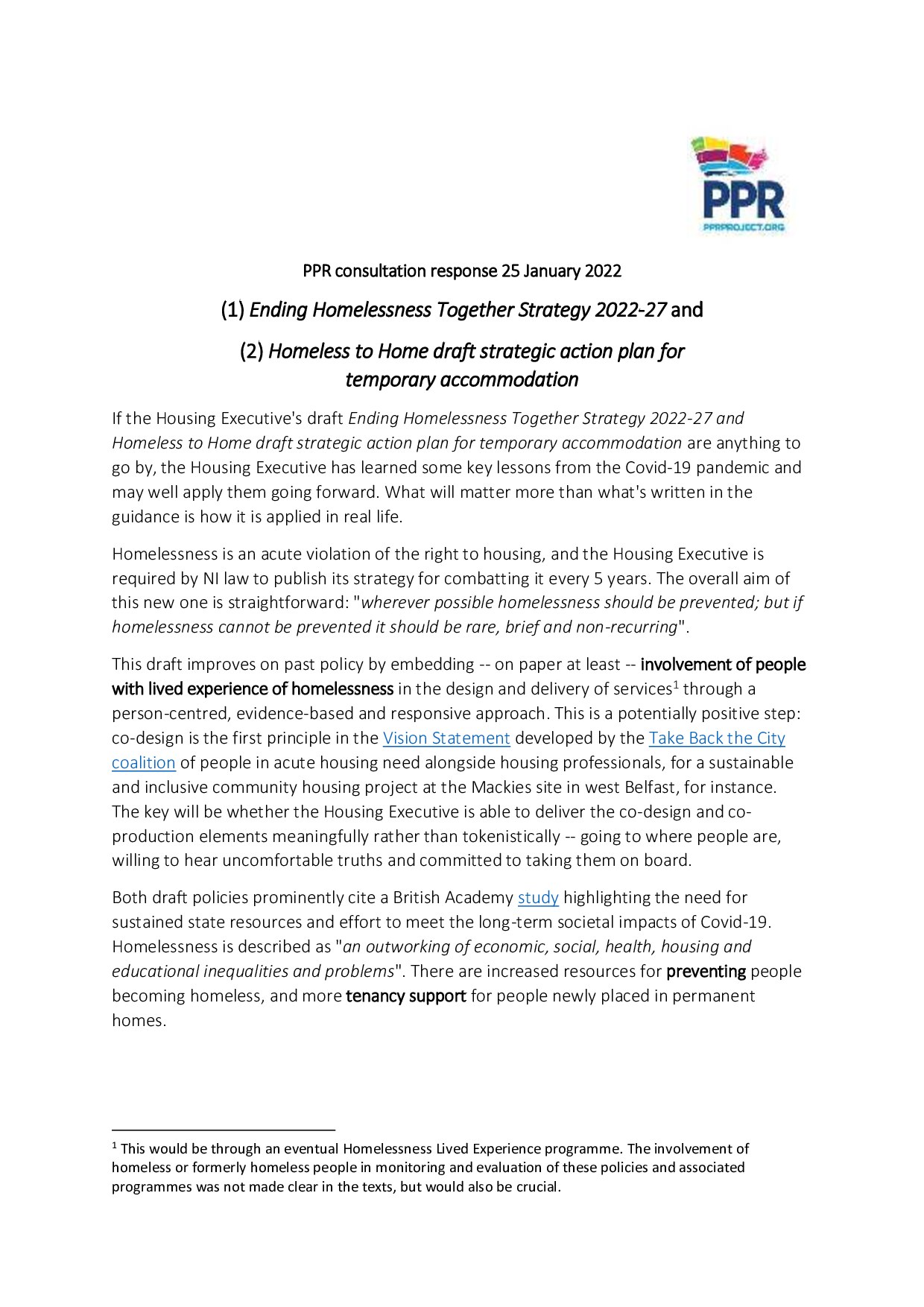 PPR response: Ending Homelessness Together Strategy 2022-27 / temporary accommodation action plan