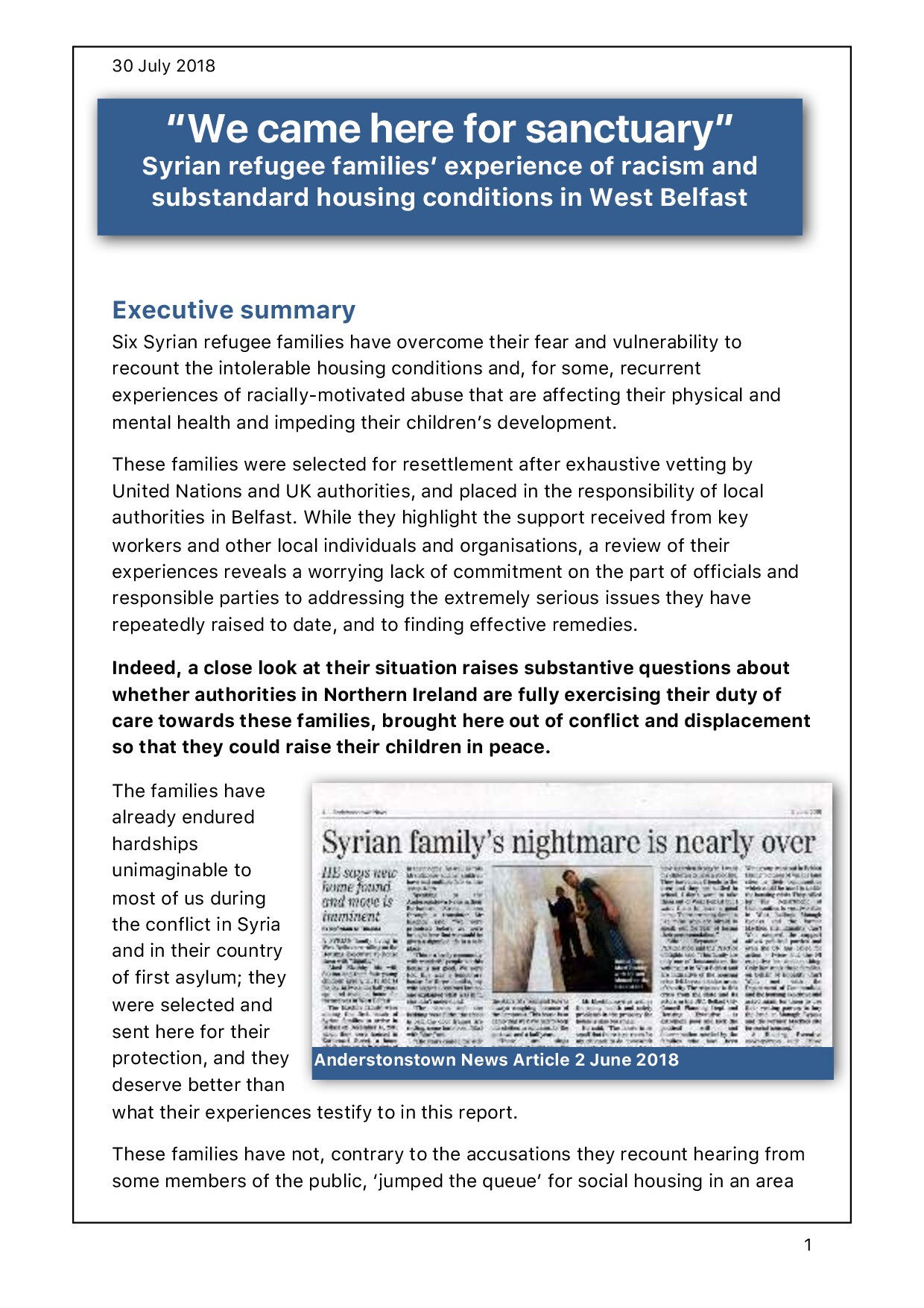 “We came here for sanctuary” Syrian refugee families’ experience of racism and substandard housing conditions in West Belfast