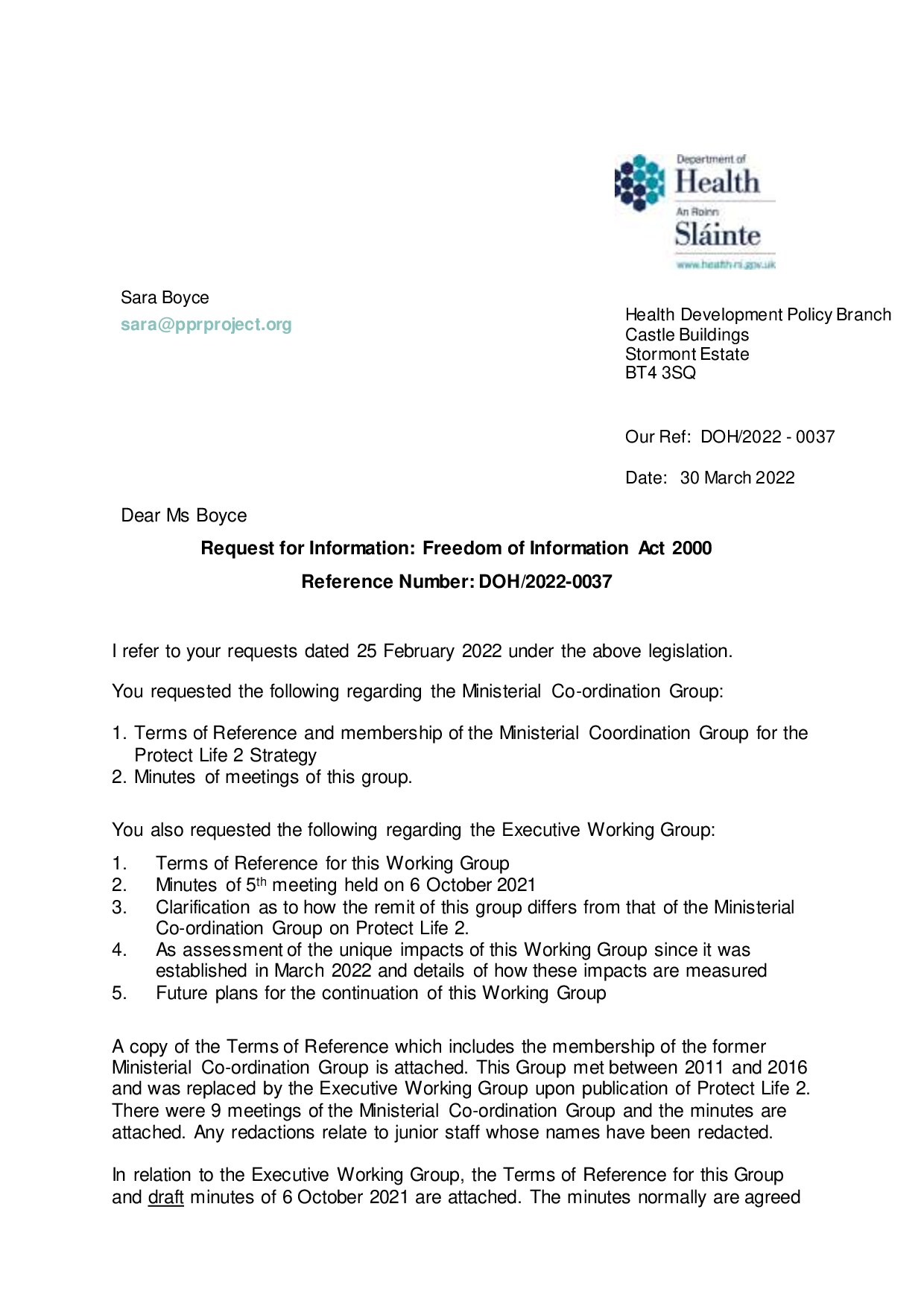 Freedom of Information request: Ministerial Coordination Group for the Protect Life 2 Strategy