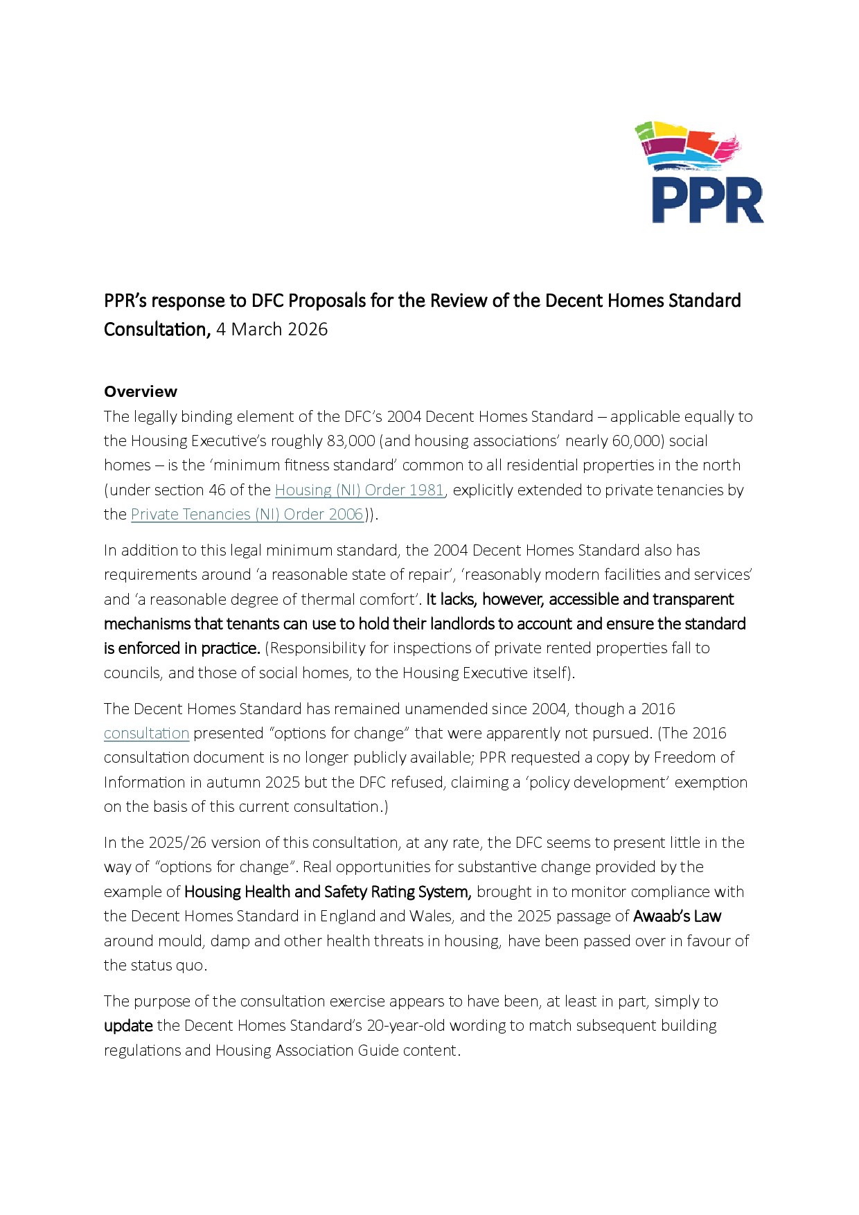 PPR’s response to DFC Proposals for the Review of the Decent Homes Standard Consultation