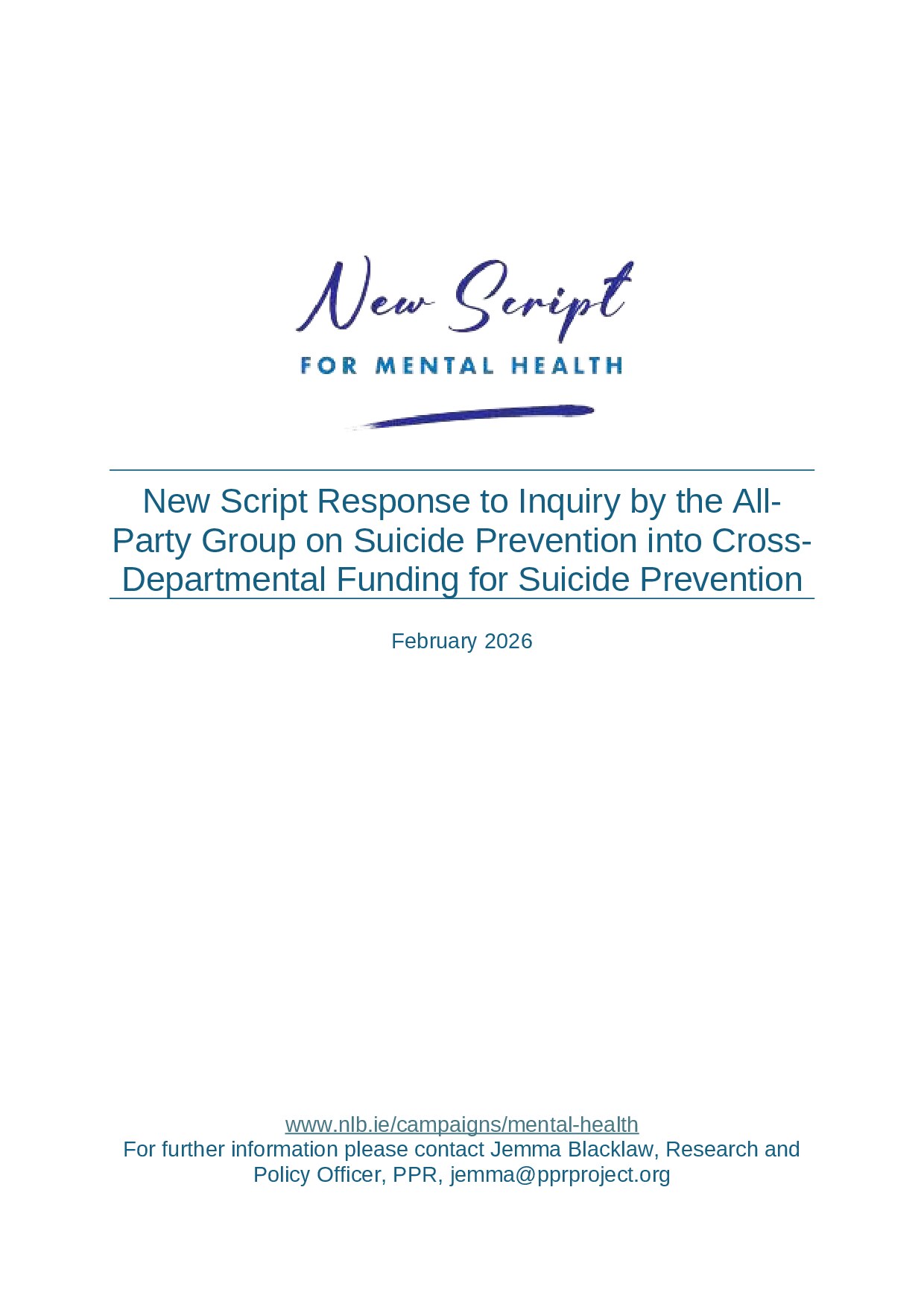 New Script Response to Inquiry by the All-Party Group on Suicide Prevention into Cross-Departmental Funding for Suicide Prevention
