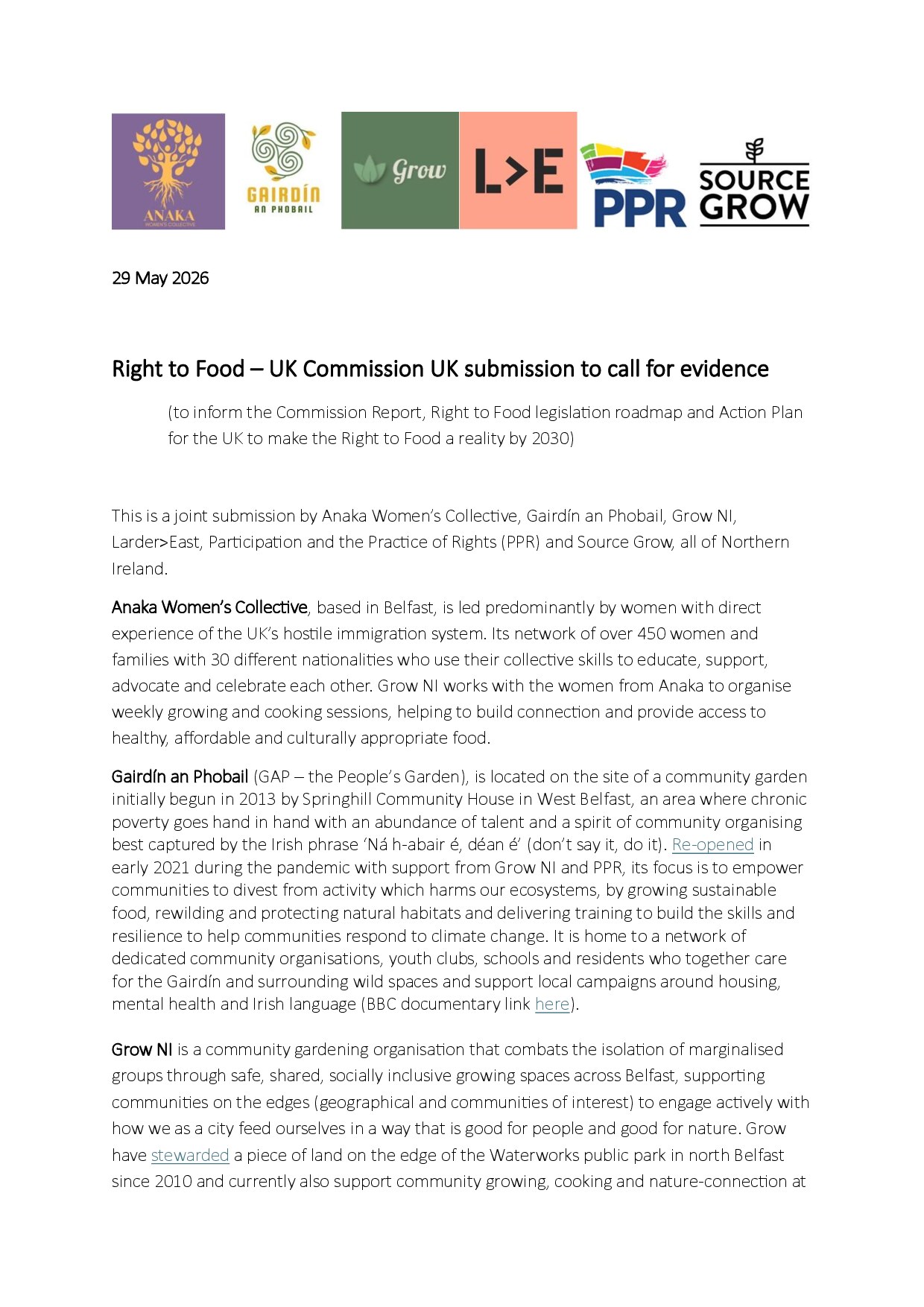 Right to Food – UK Commission UK submission to call for evidence