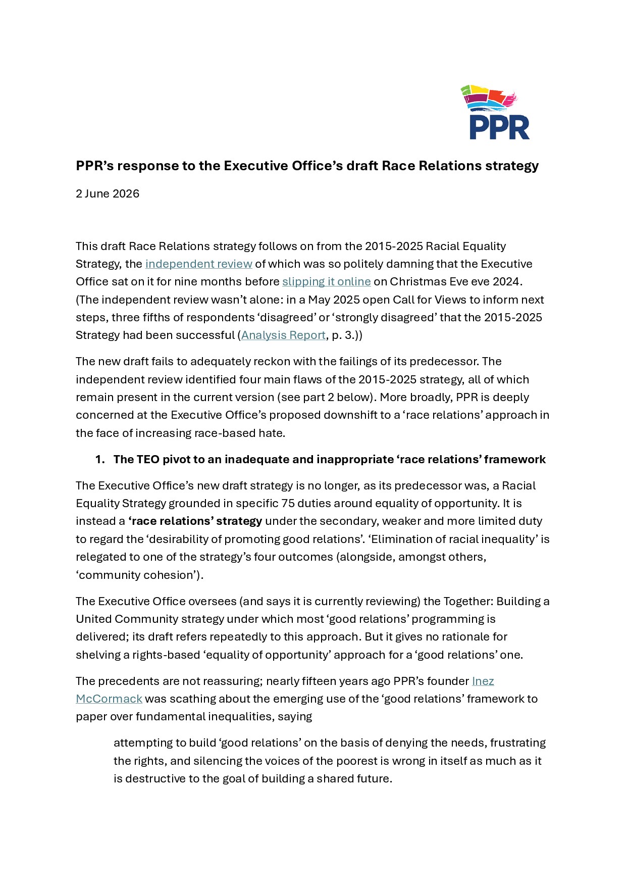 Executive Office’s draft Race Relations strategy