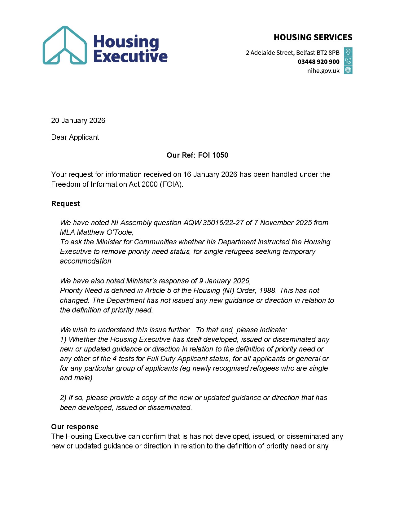Housing Executive response to Full Duty Applicant status queries
