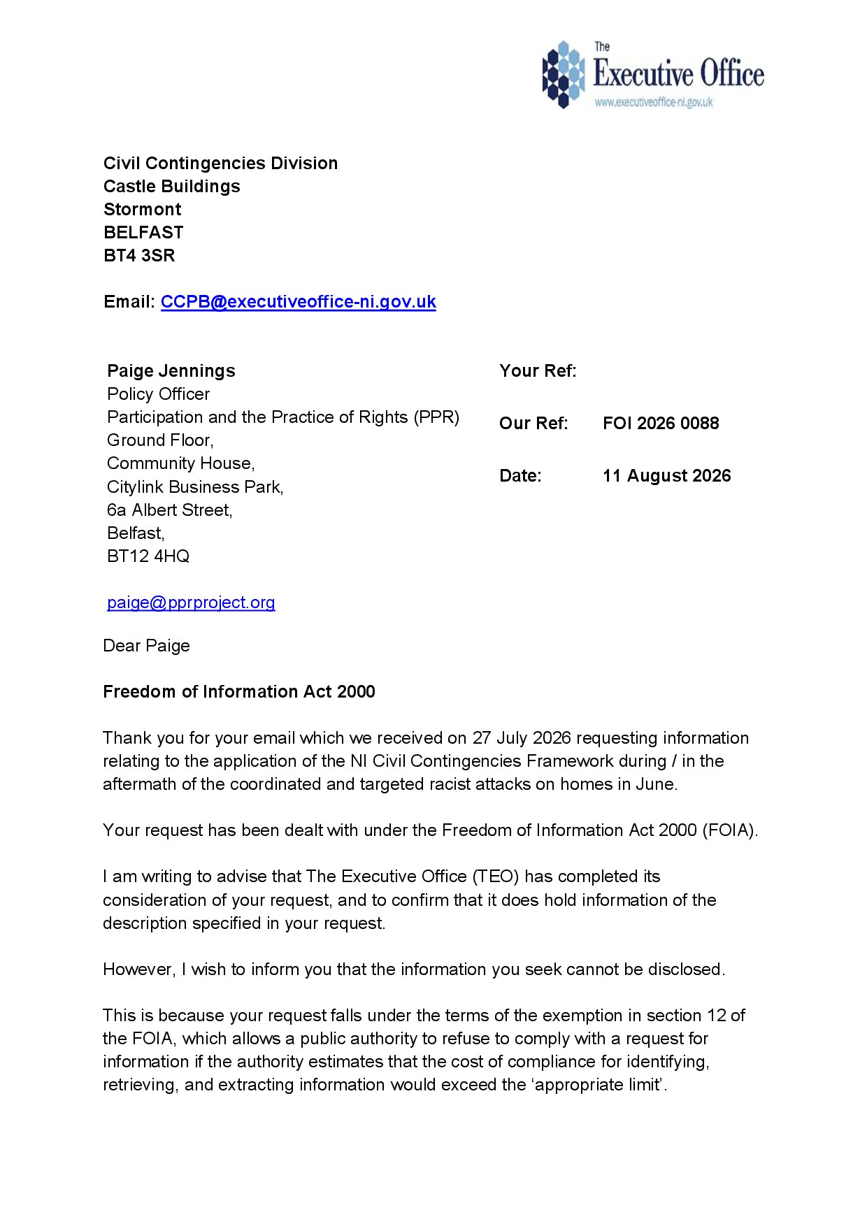 Freedom of Information request: Executive Office Civil Contingencies Framework