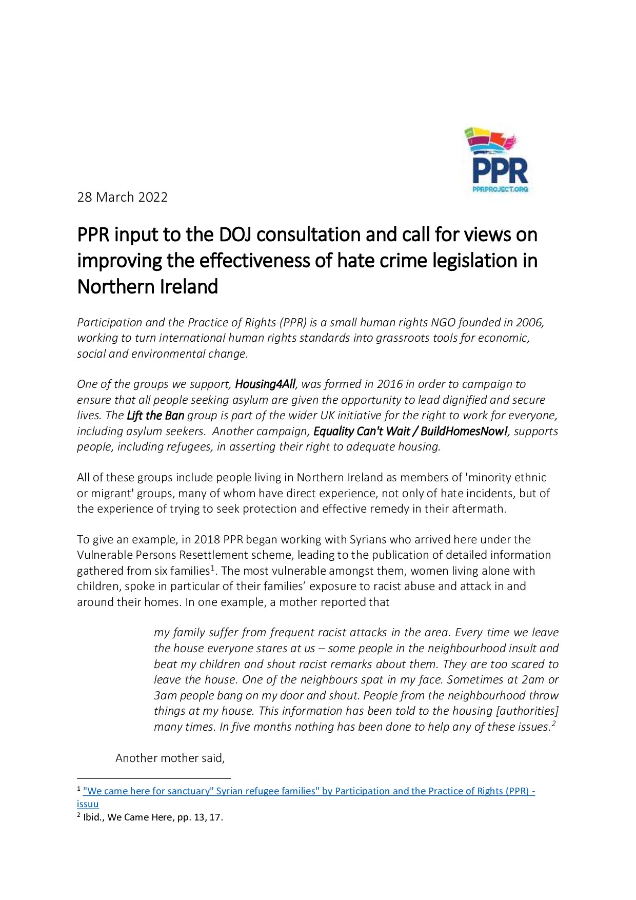 PPR input to the Department of Justice consultation on improving the effectiveness of NI Hate Crime legislation