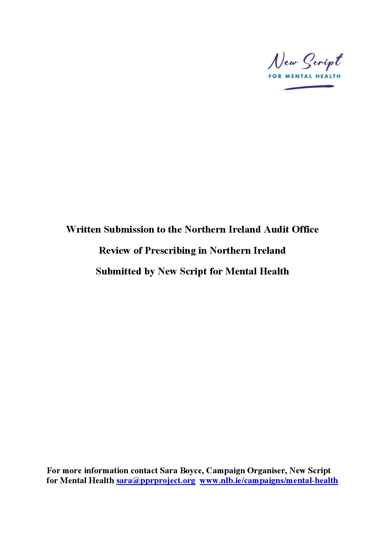 New Script Submission to the NI Audit Office Review of Prescribing