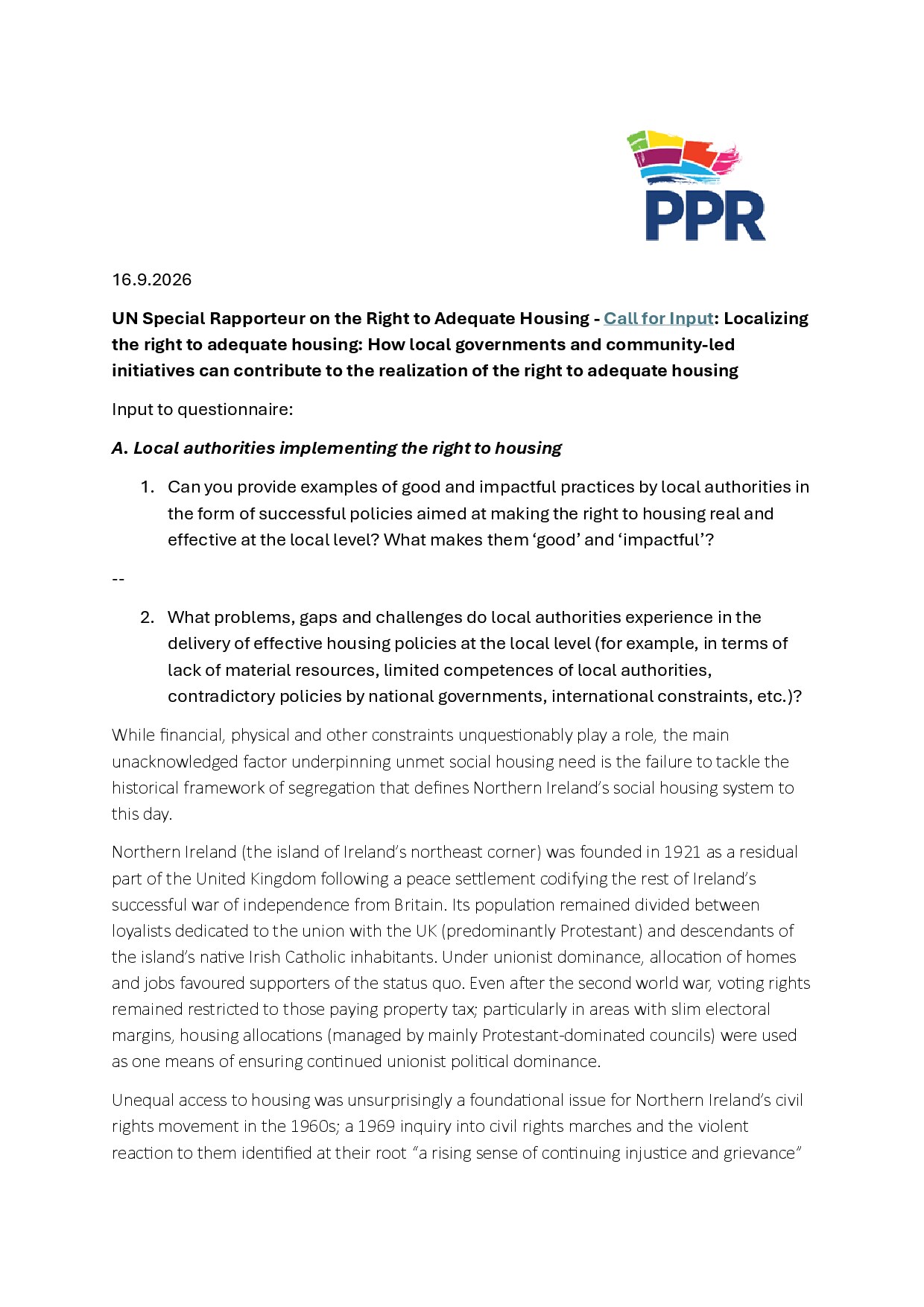UN Special Rapporteur on the Right to Adequate Housing - Call for Input: Localizing the right to adequate housing: How local governments and community-led initiatives can contribute to the realization of the right to adequate housing