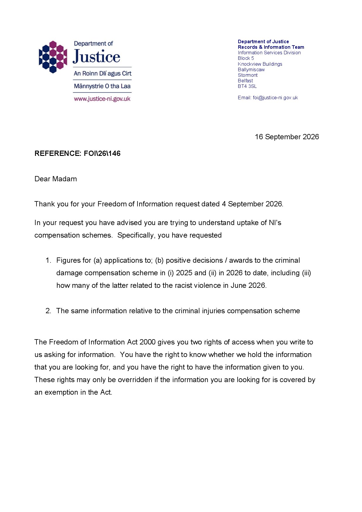 Department of Justice criminal damage and criminal injuries compensation schemes