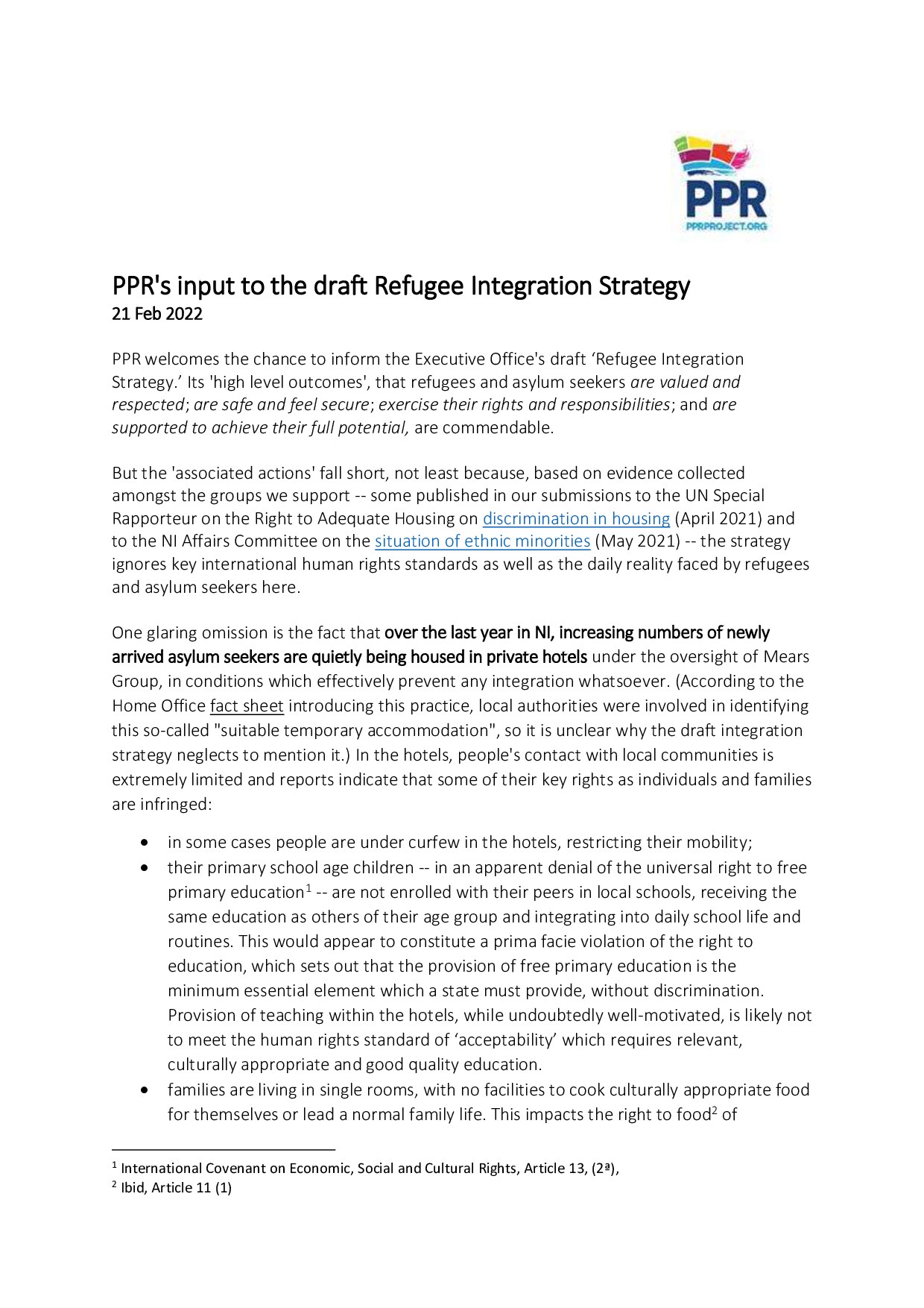 PPR's response to the Executive Office's draft Refugee Integration Strategy
