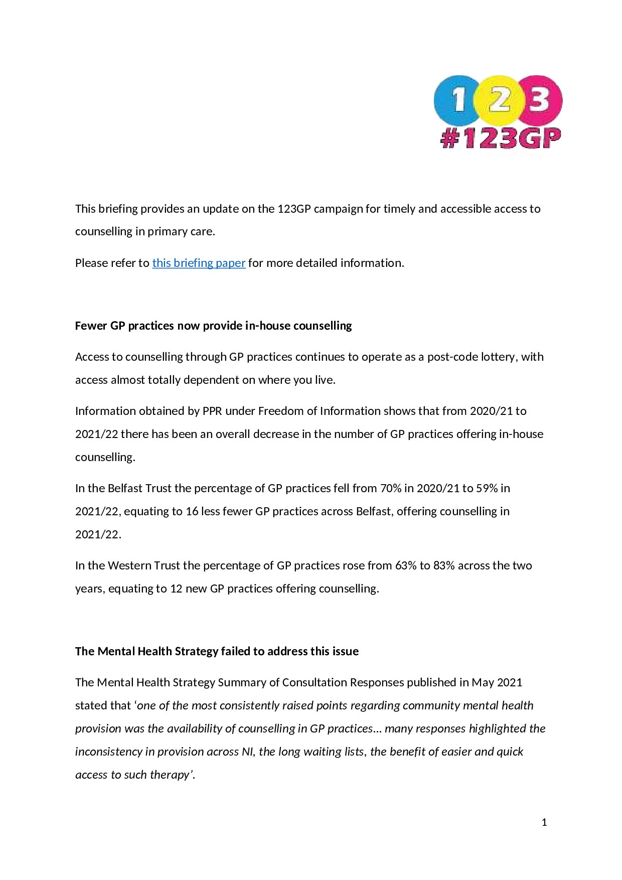 Update from 123GP Campaign: huge increase in mental health need, yet fewer GPs have counsellors