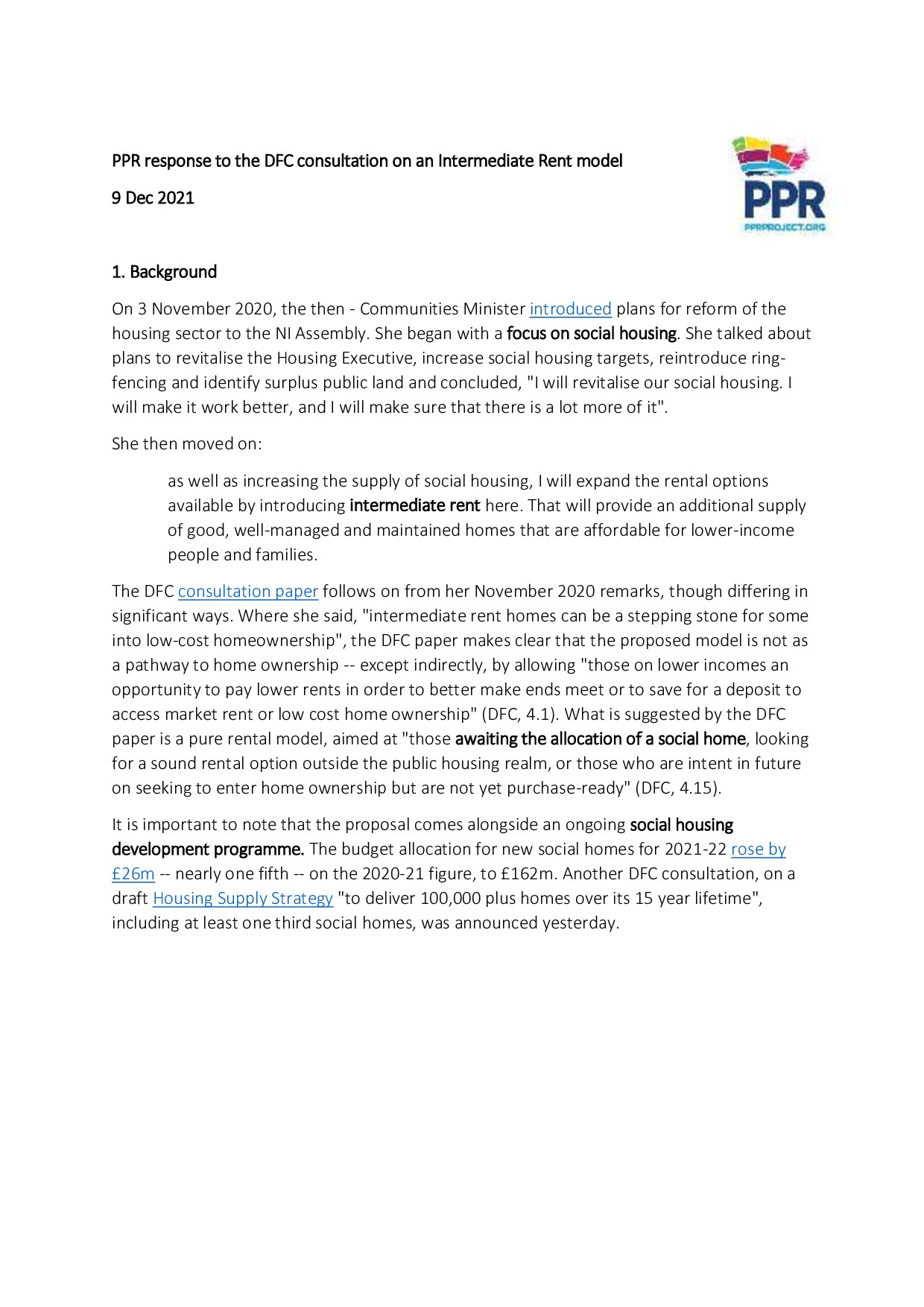 PPR's Response to the Department for Communities' Consultation on an Intermediate Rent Model
