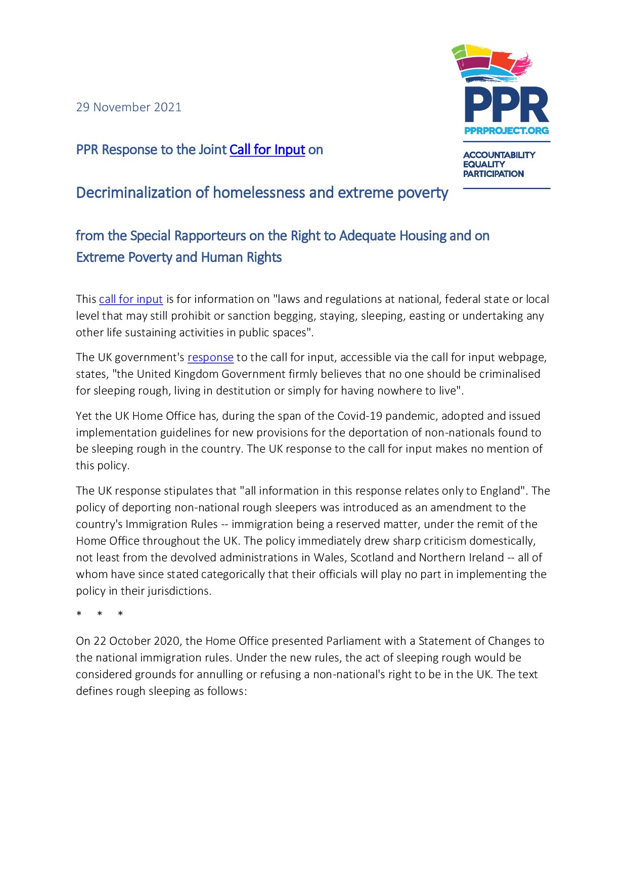 PPR Response to the Joint Call for input on decriminalization of homelessness and extreme poverty