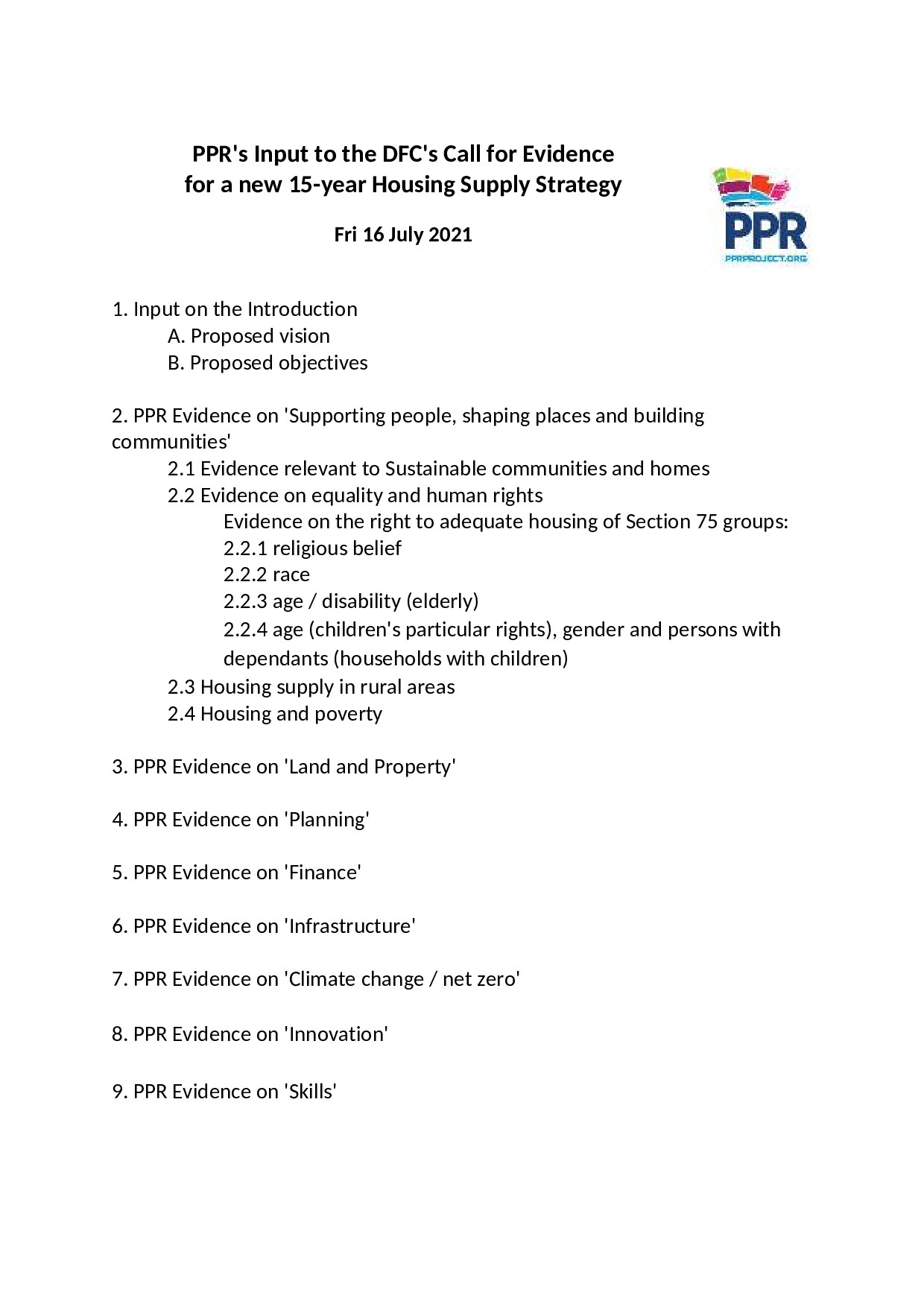 PPR's Input to the Call for Evidence for a new 15-year Housing Supply Strategy