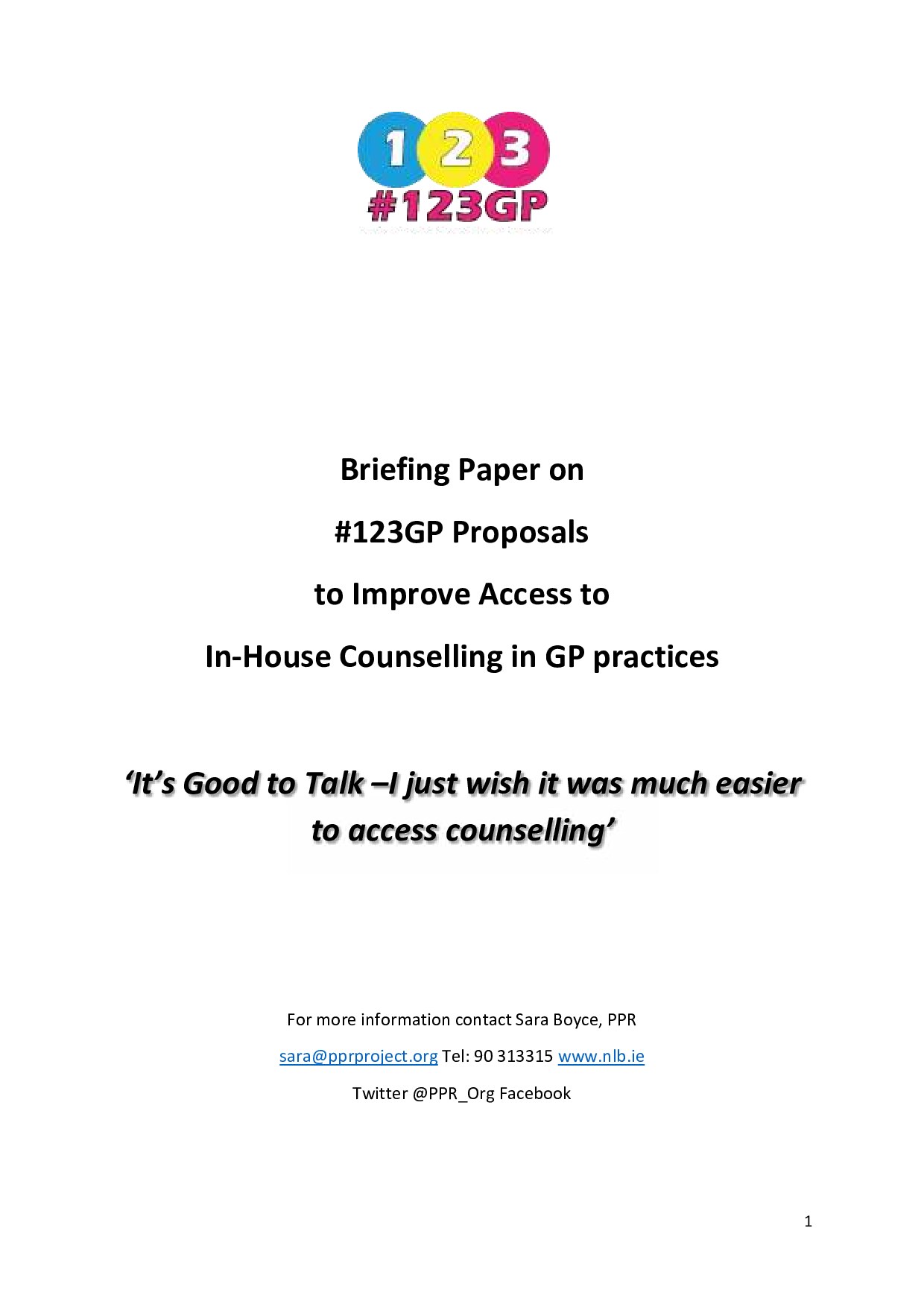 123GP Briefing Paper on proposals to improve access to GP practice-based counselling
