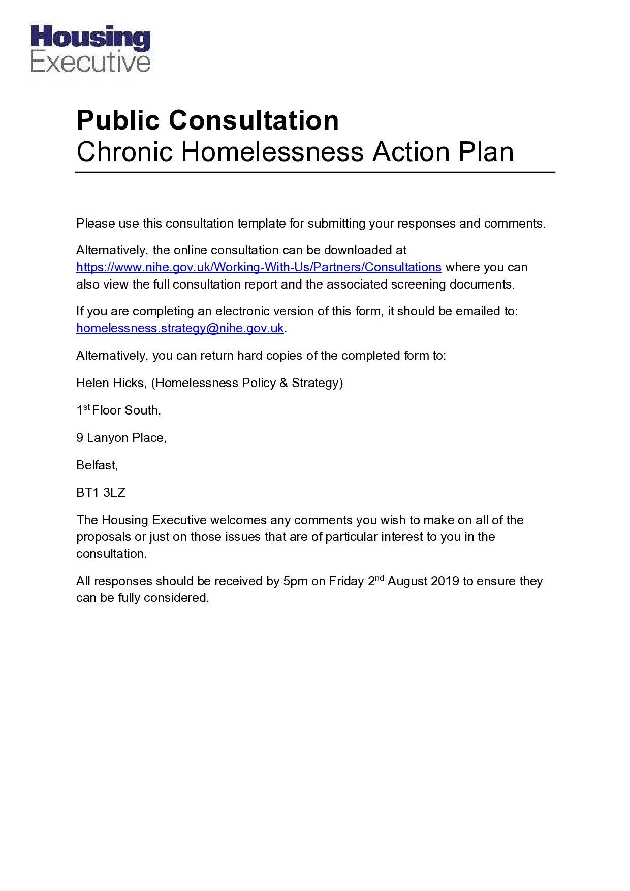 Response to the NI Housing Executive's consultation on its Chronic Homelessness Action Plan
