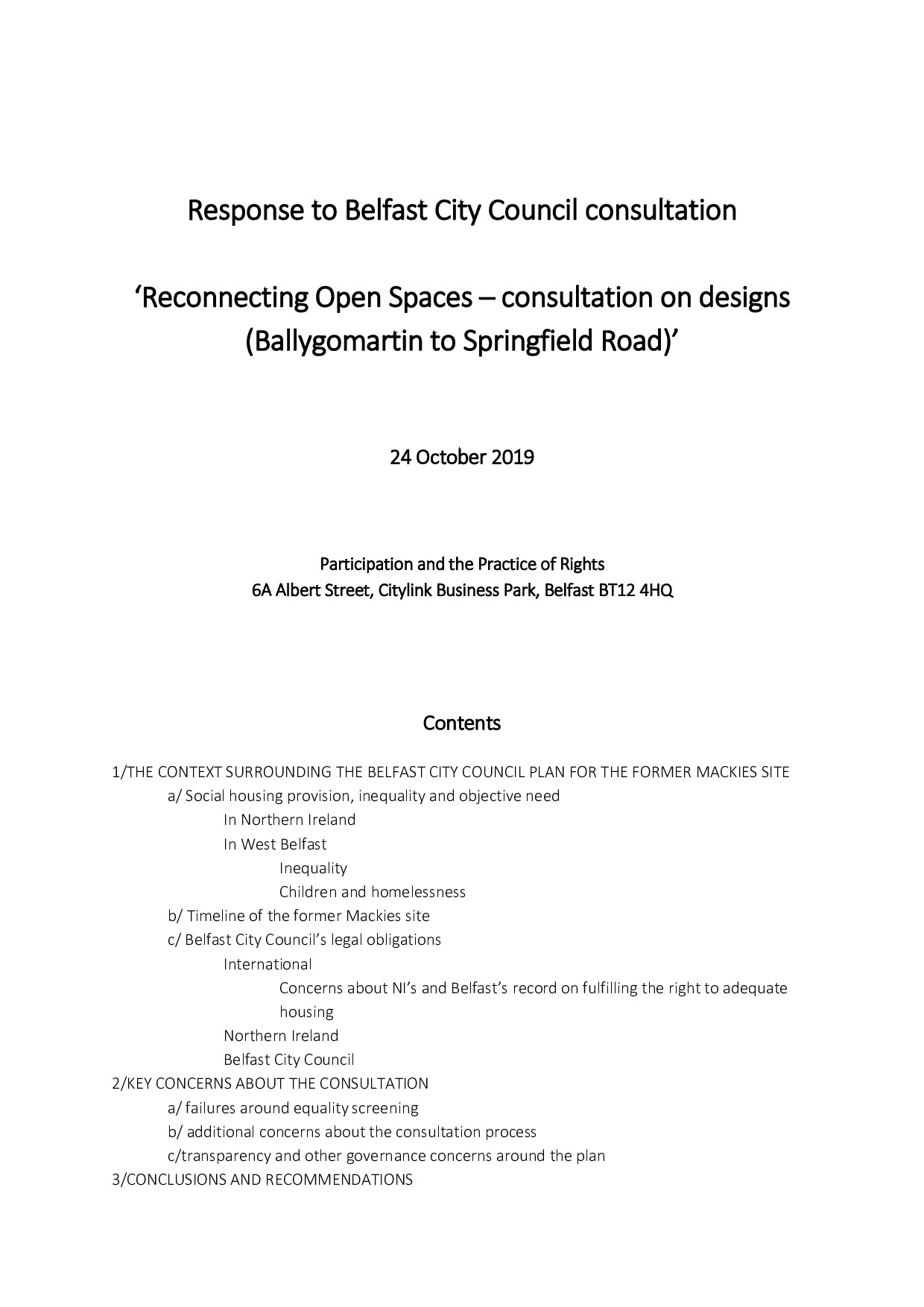 PPR's Response to Belfast City Council's "Reconnecting Open Spaces" Consultation