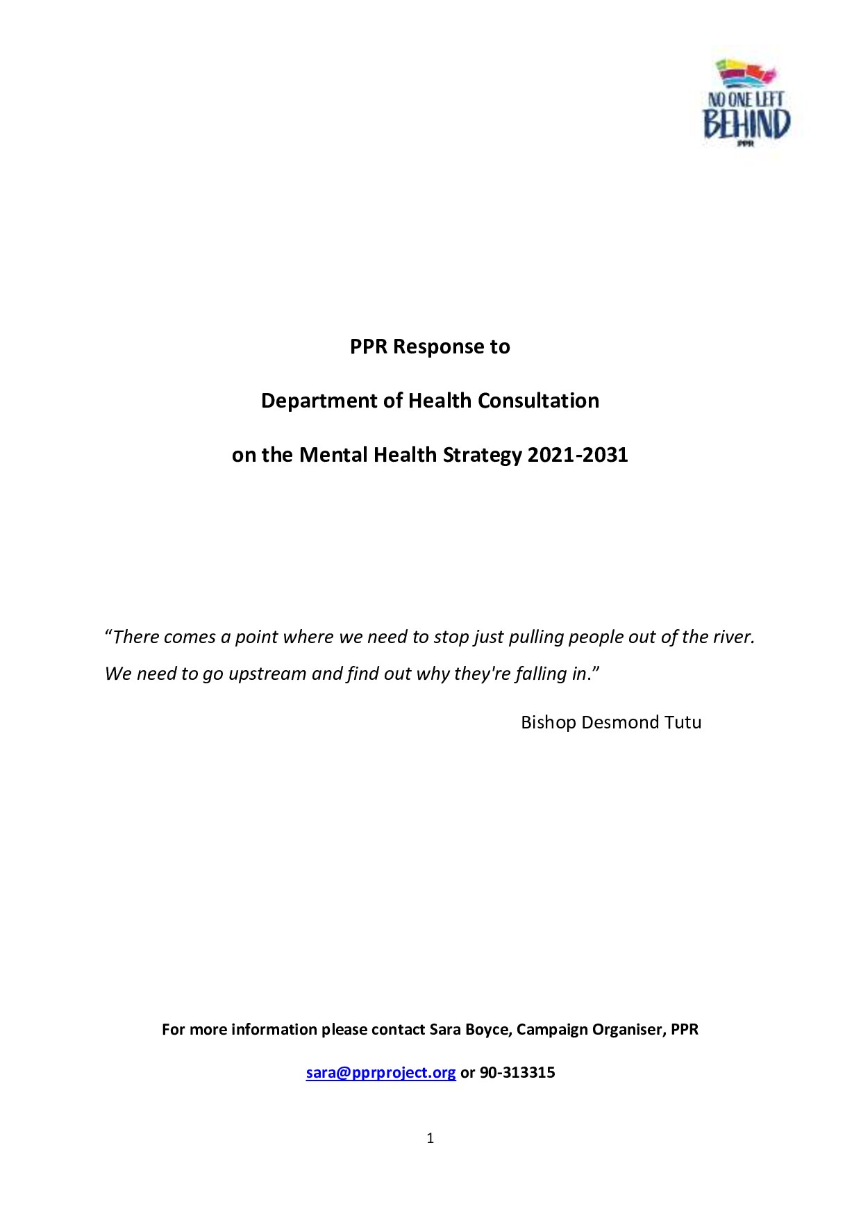 PPR Response to Department of Health's Consultation on its 10 Year Mental Health Strategy