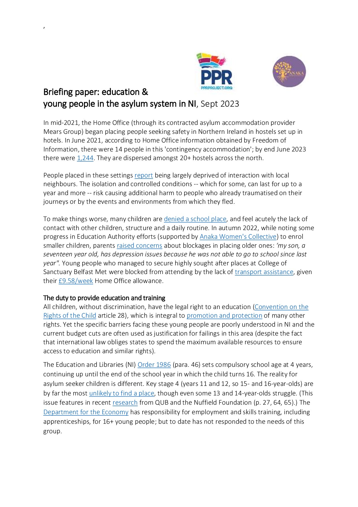 Briefing Paper: Educational and young people in the asylum system in Northern Ireland