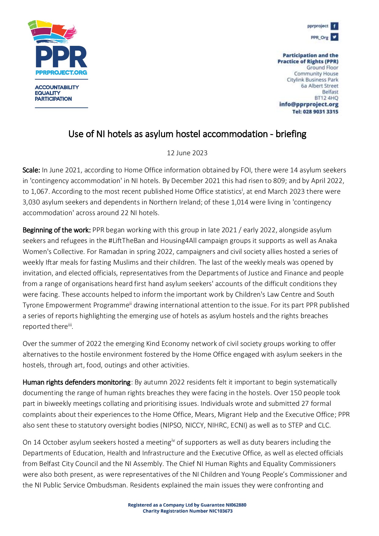 Briefing Paper: Use of hotels as asylum hostel accommodation in Northern Ireland