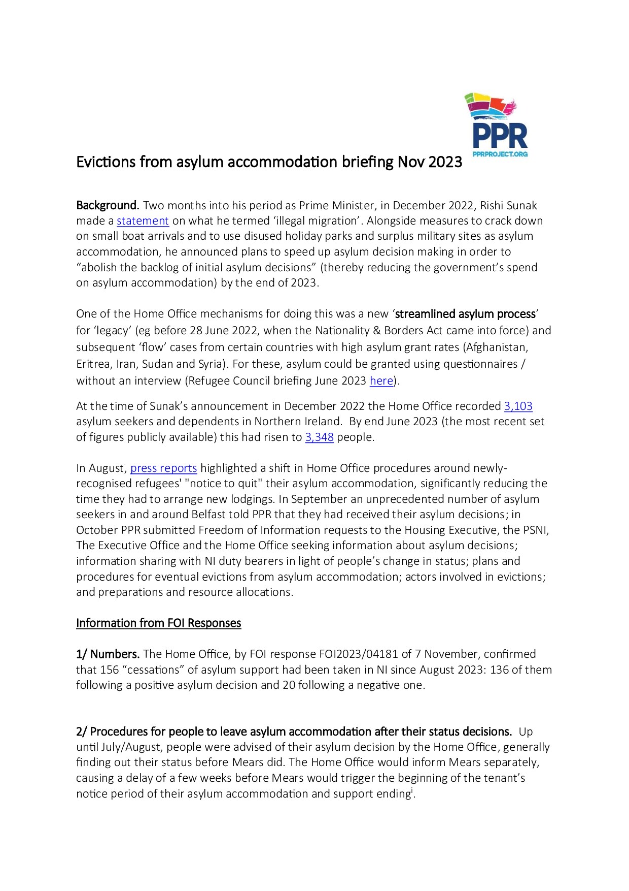 Briefing Paper: Evictions from asylum accommodation in Northern Ireland