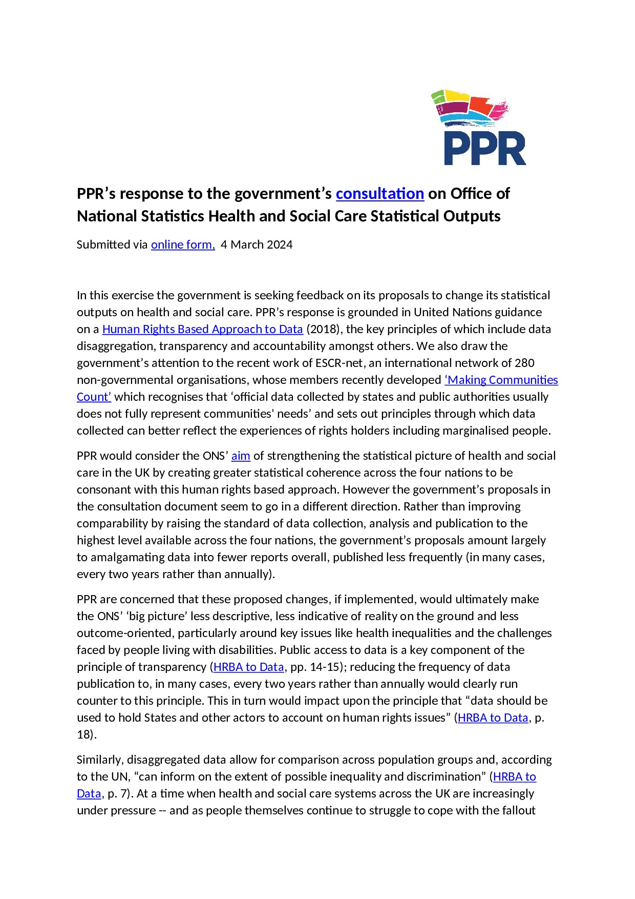 PPR’s response to the government’s consultation on Office of National Statistics Health and Social Care Statistical Outputs