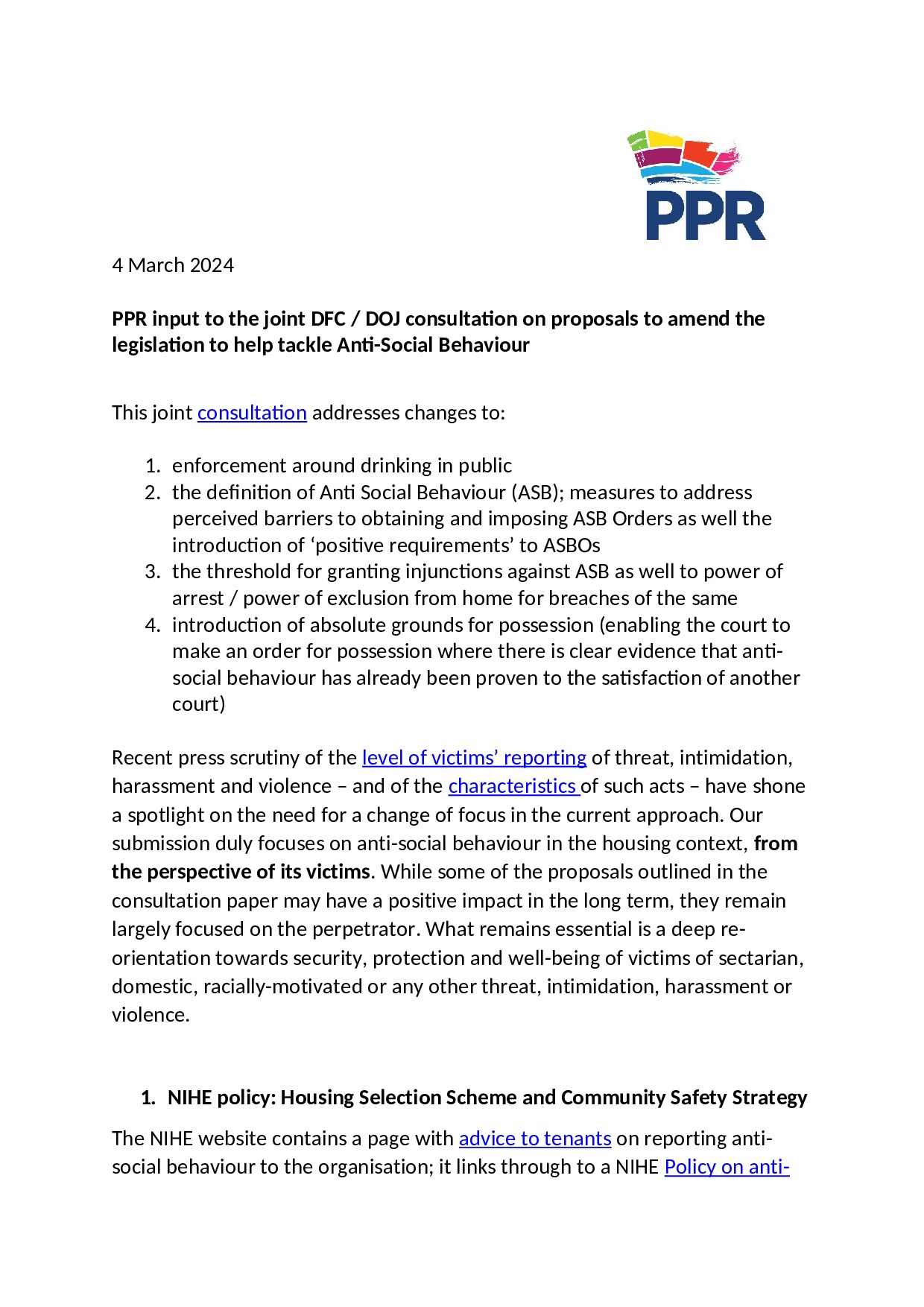 PPR input to the joint Department for Communities / Department of Justice consultation on proposals to amend the legislation to help tackle Anti-Social Behaviour