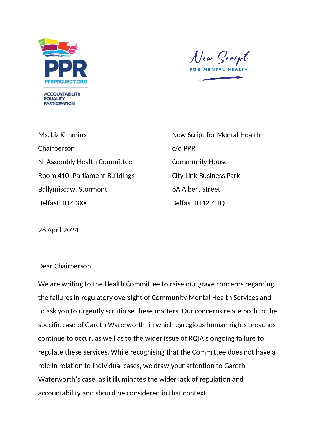 Letter to NI Assembly Health Committee regarding regulation of community mental health services