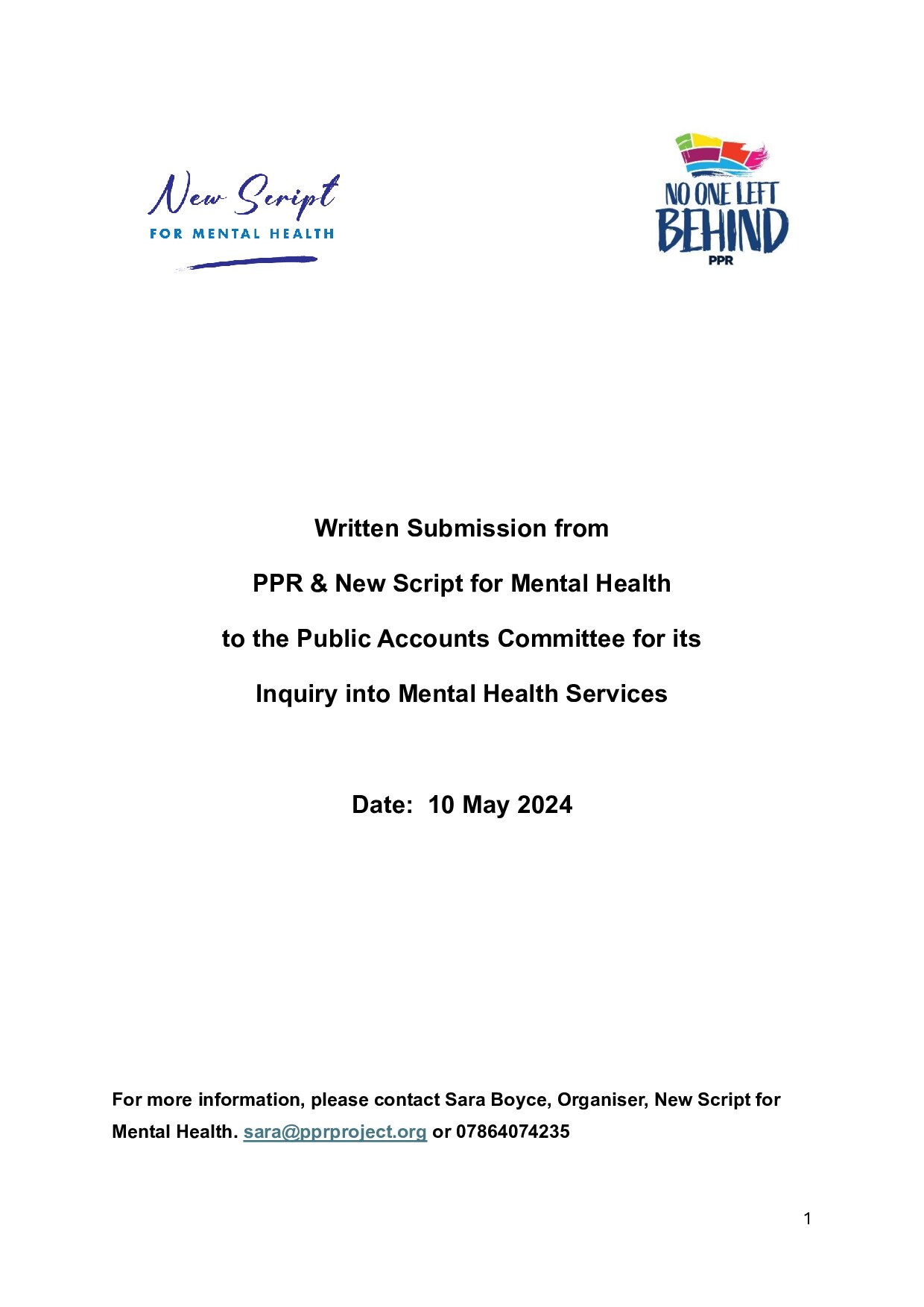 Written Submission from PPR & New Script for Mental Health to the Public Accounts Committee for its Inquiry into Mental Health Services
