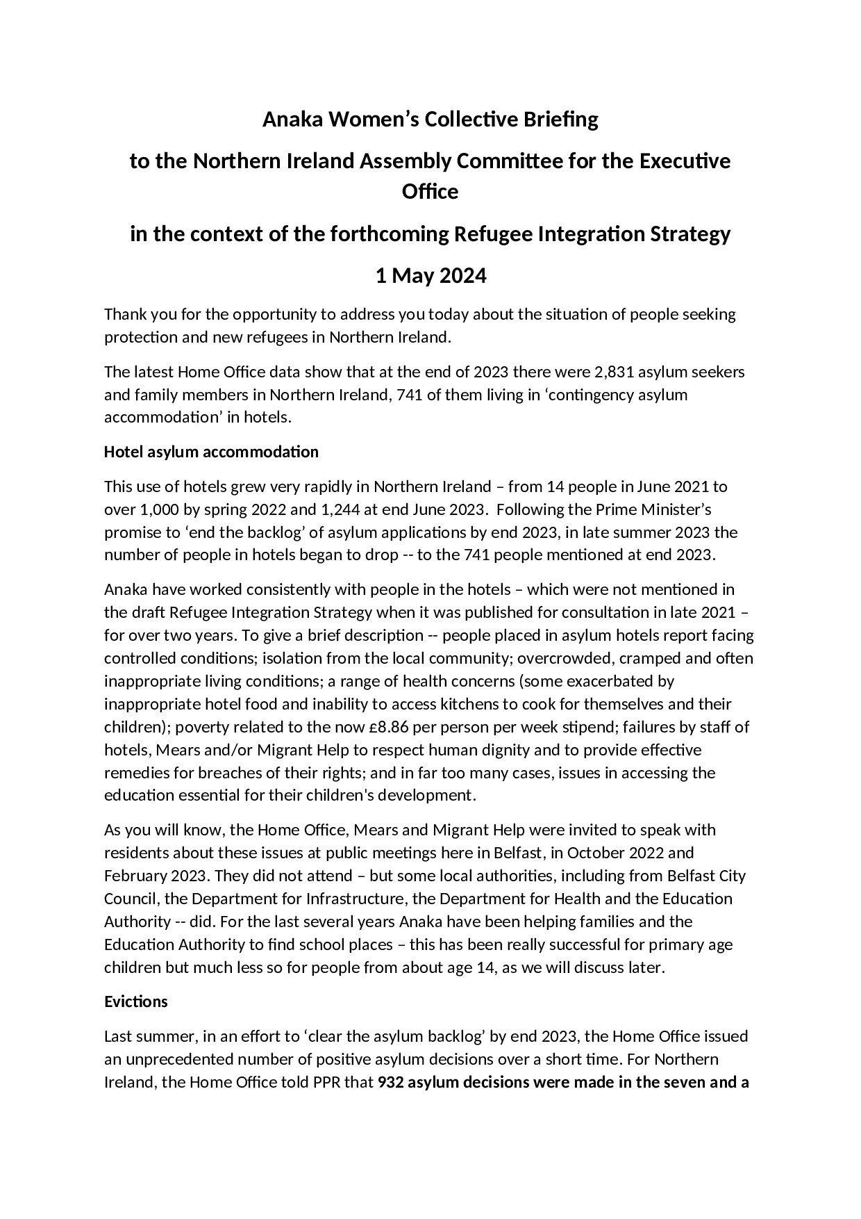 Briefing to the Northern Ireland Assembly Committee for the Executive Office in the context of the forthcoming Refugee Integration Strategy